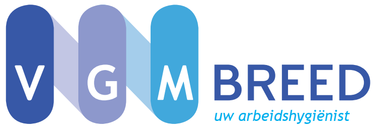 Logo van VGM Breed in kleuren donkerblauw, paars en lichtblauw - de letters V,G,M plus tekst uw arbeidshygiënist.
